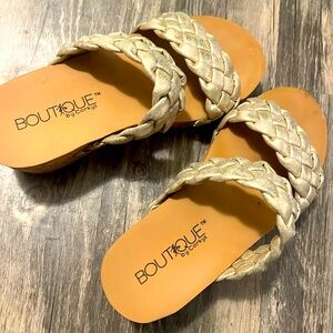 Corky’s Boutique Gold braided yoga mat dress platforms size 7